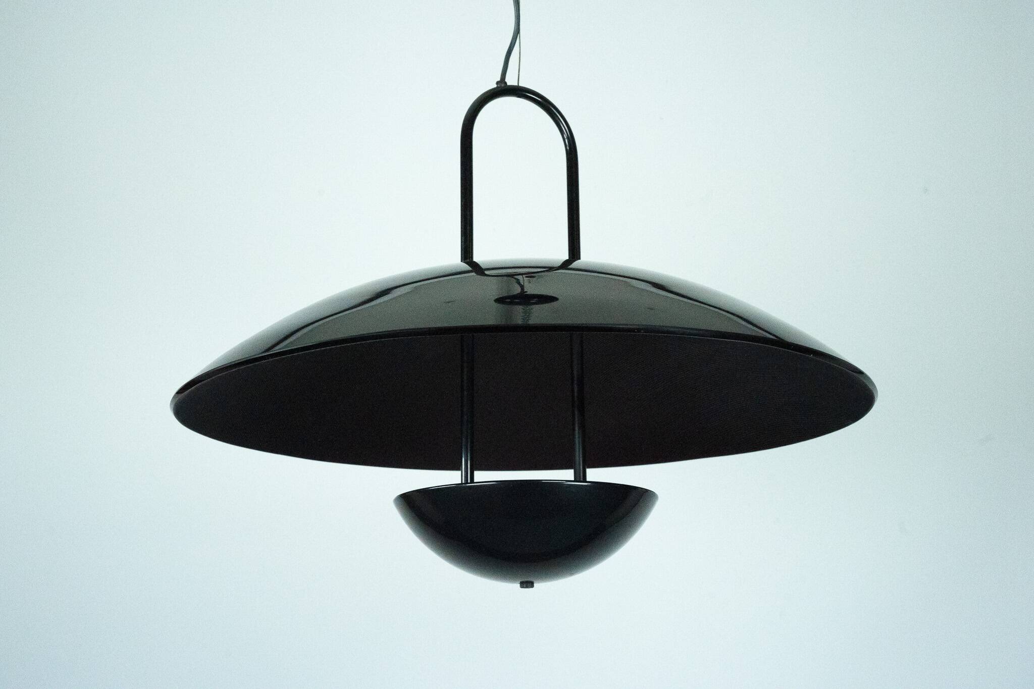 Vintage 1990s Black Pendant Lamp with Glass Top Shade. Italy