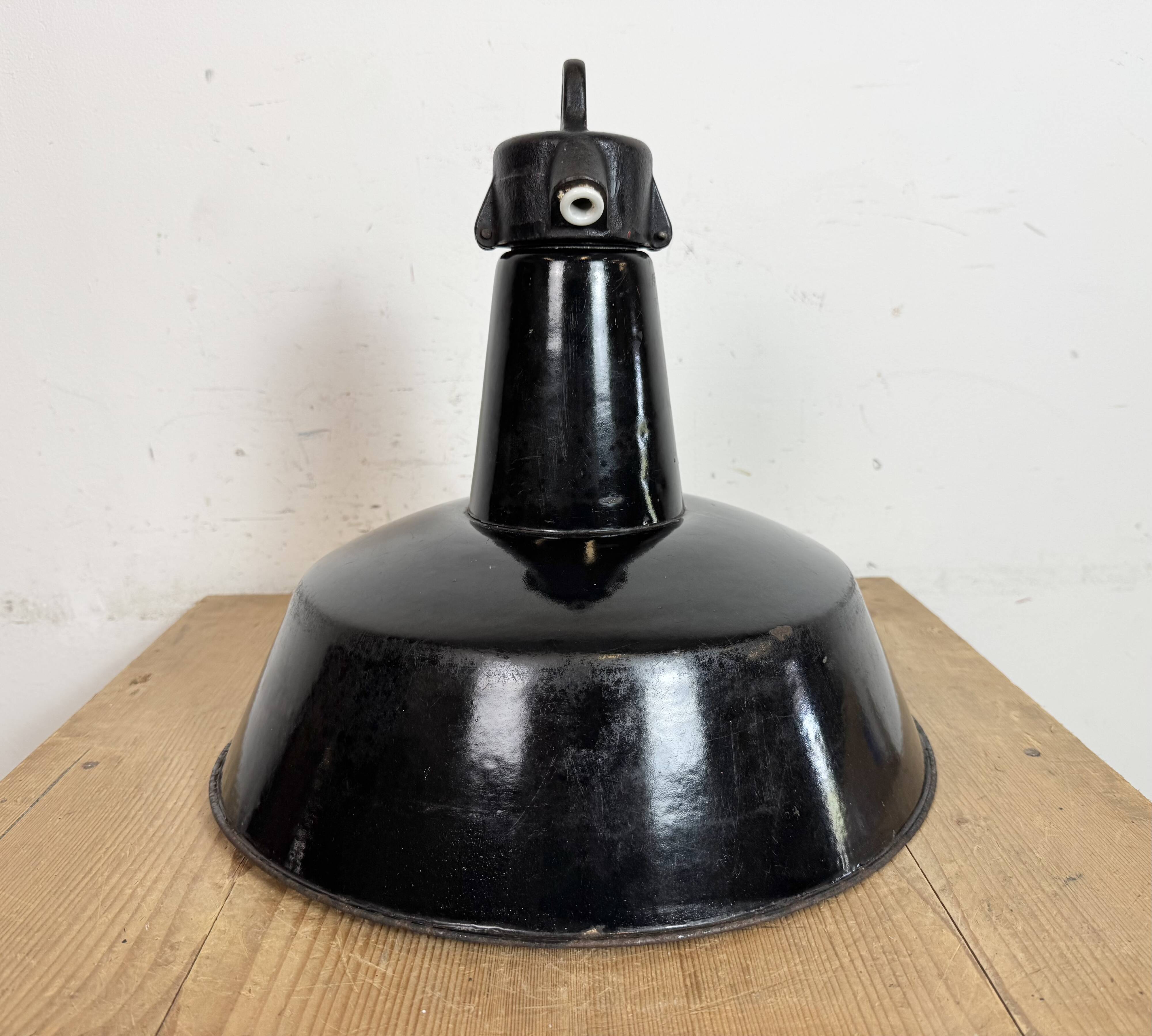 Industrial Black Enamel Factory Lamp with Cast Iron Top, 1950s