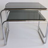 Tubular steel and smoked glass side tables, set of 2
