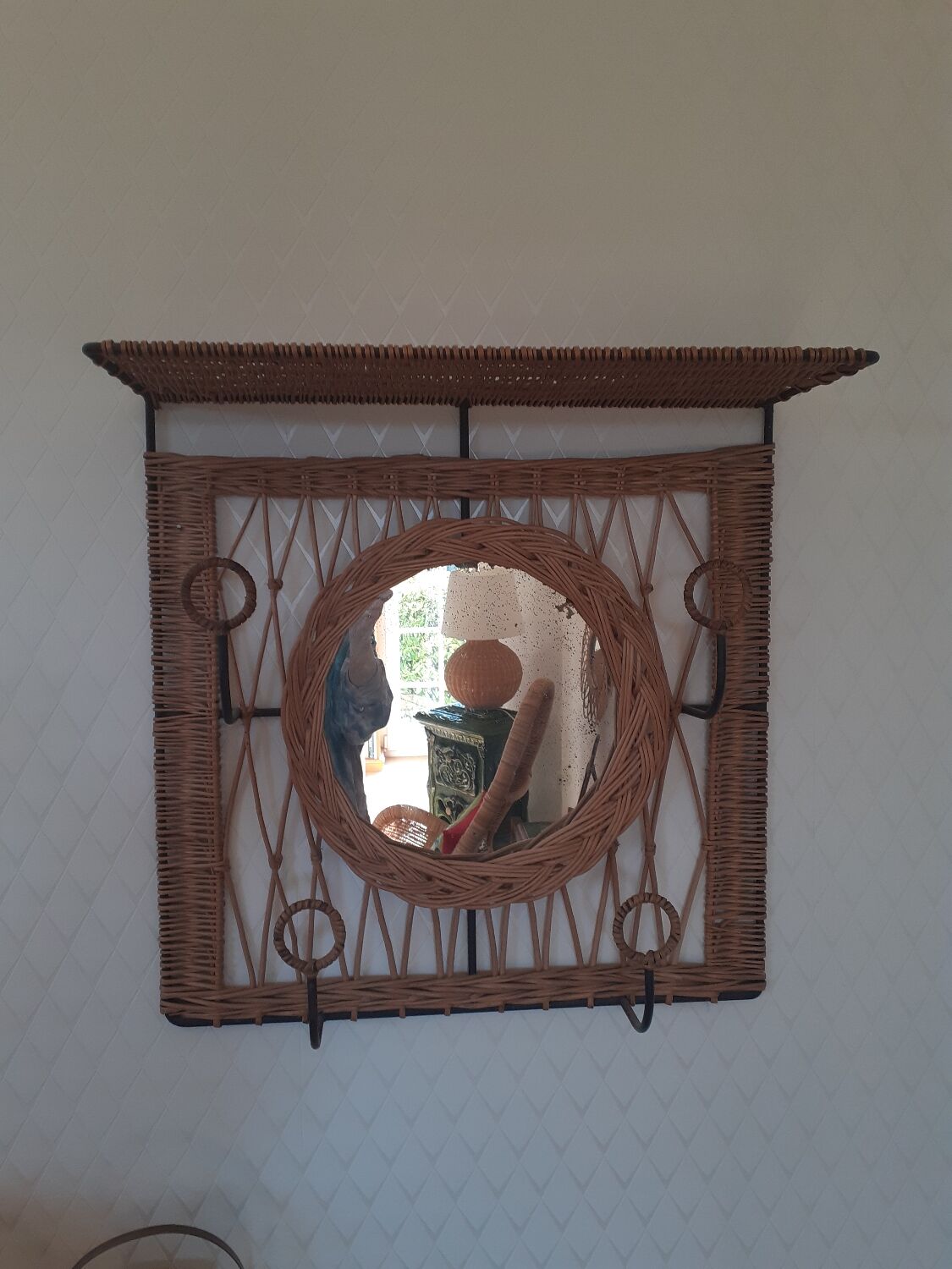 Rattan wall-mounted coat rack with mirror