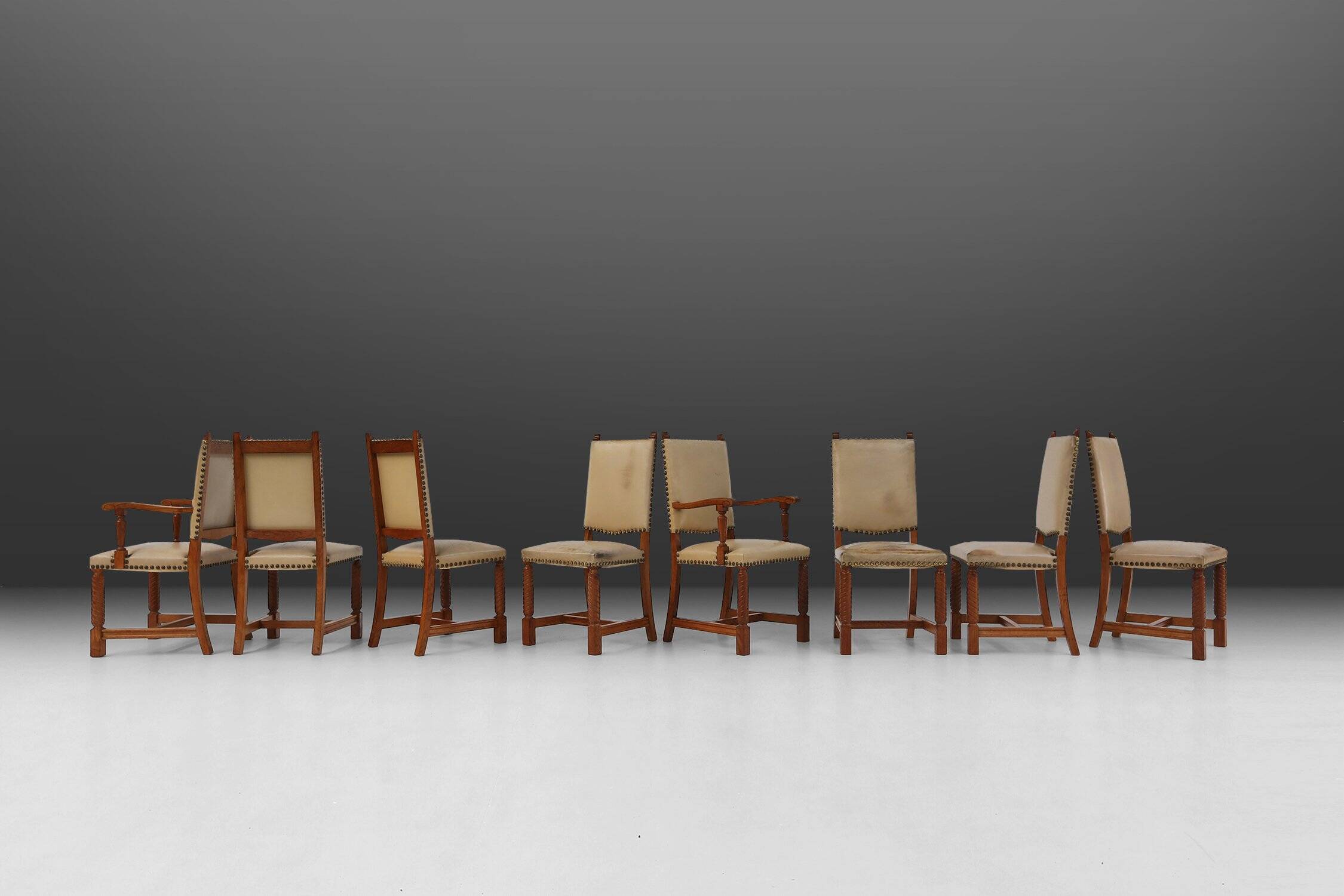 Art Deco Dining Room Chairs in Oak and Leather, 1940s, Set of 8