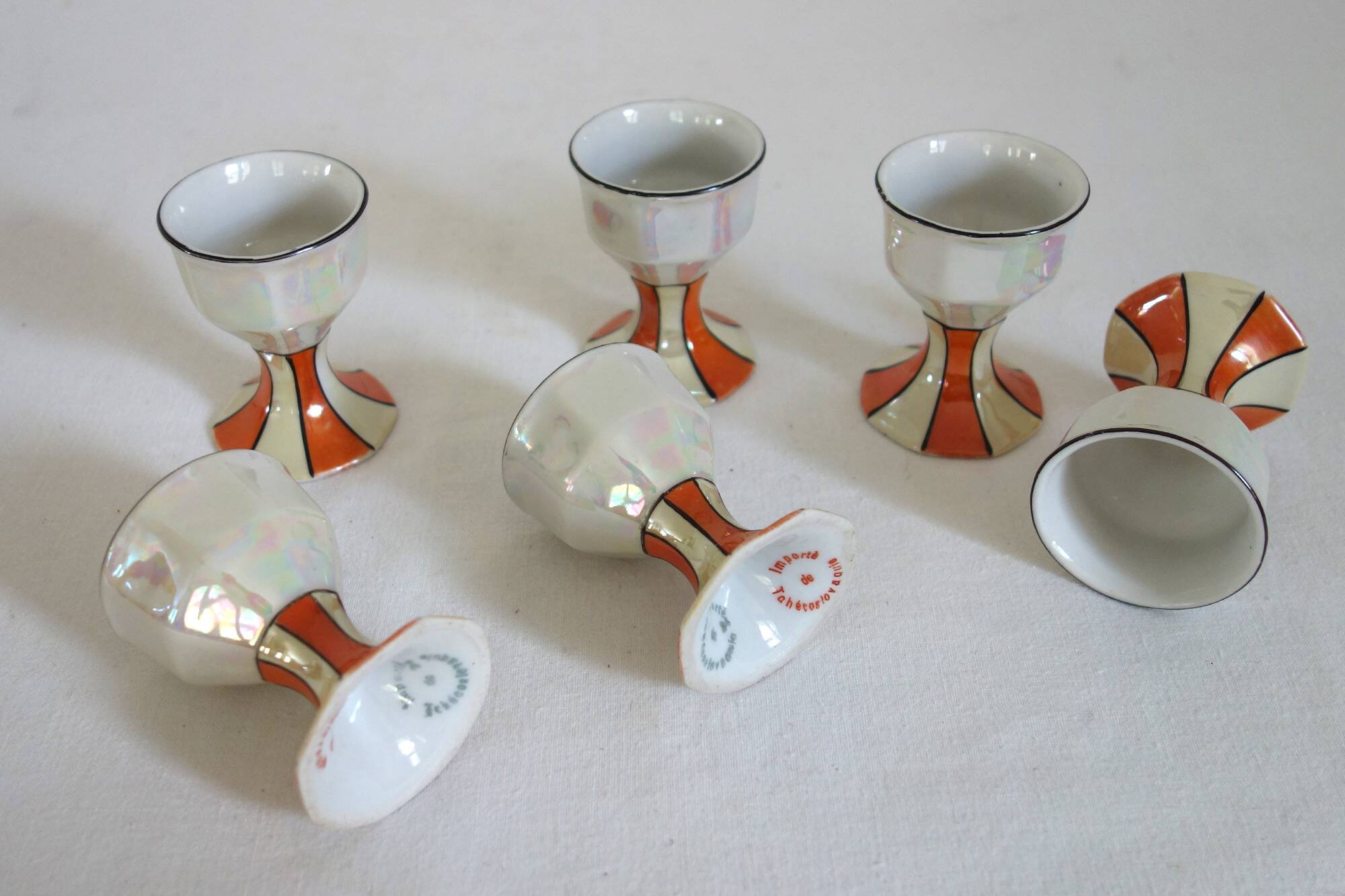 Vintage iridescent set of 6 egg cups, salt shaker, tray and pitchers
