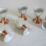 Vintage iridescent set of 6 egg cups, salt shaker, tray and pitchers
