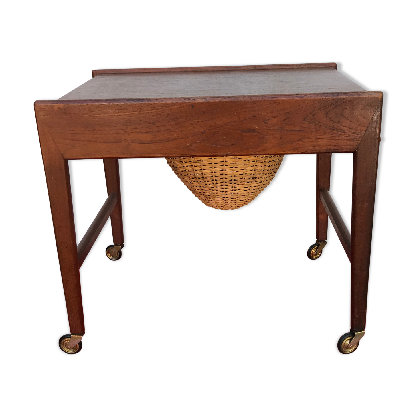 Travailleuse en teck scandinave panier tiroir roulettes