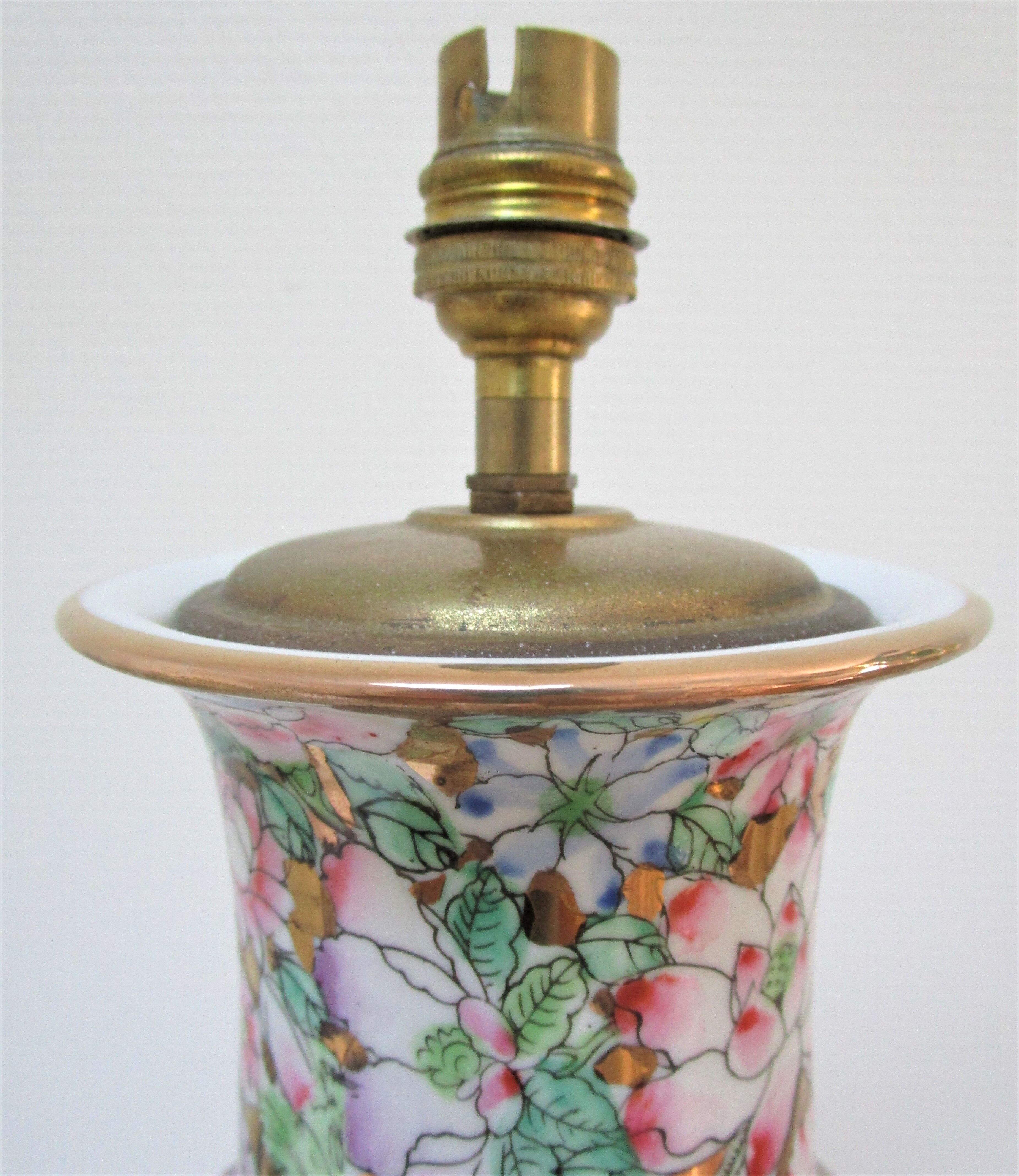 Chinese porcelain lamp foot with polychrome decoration of vintage flowers