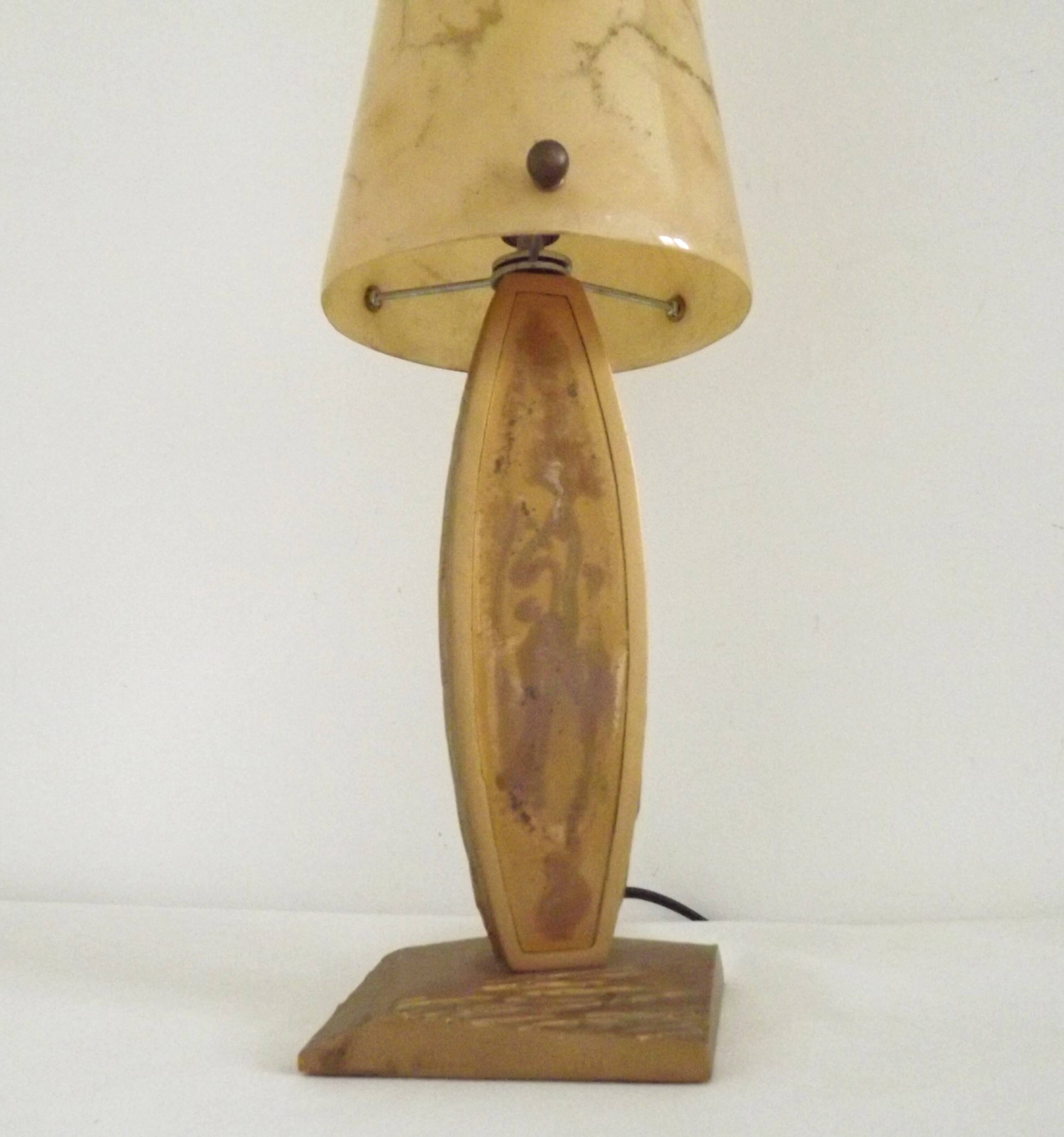French vintage gold retro resin table lamp with marble effect cone shade.