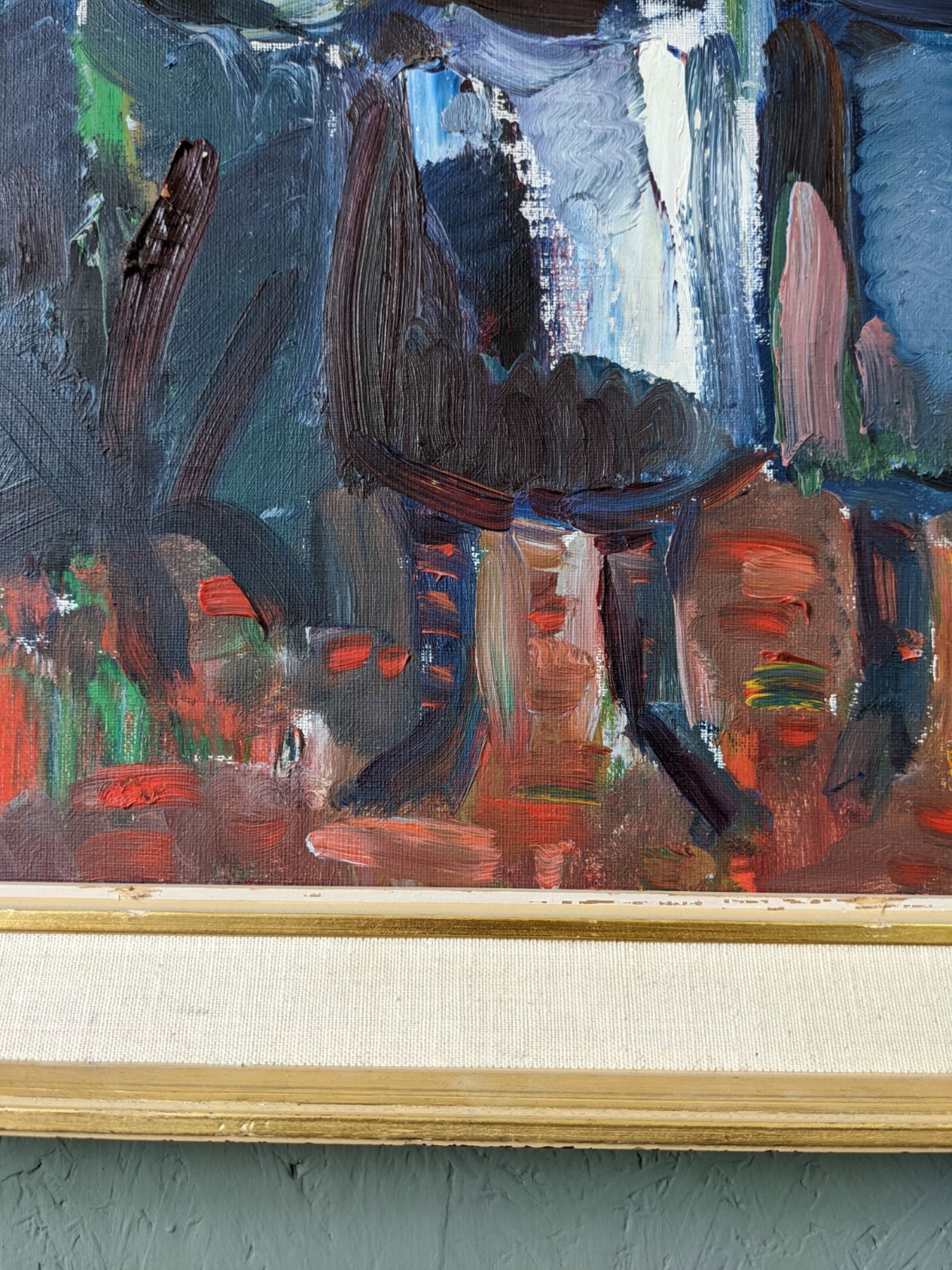 Peinture à l’huile figurative vintage suédoise « Moroccan Ladies » suédoise du milieu du siècle, encadrée