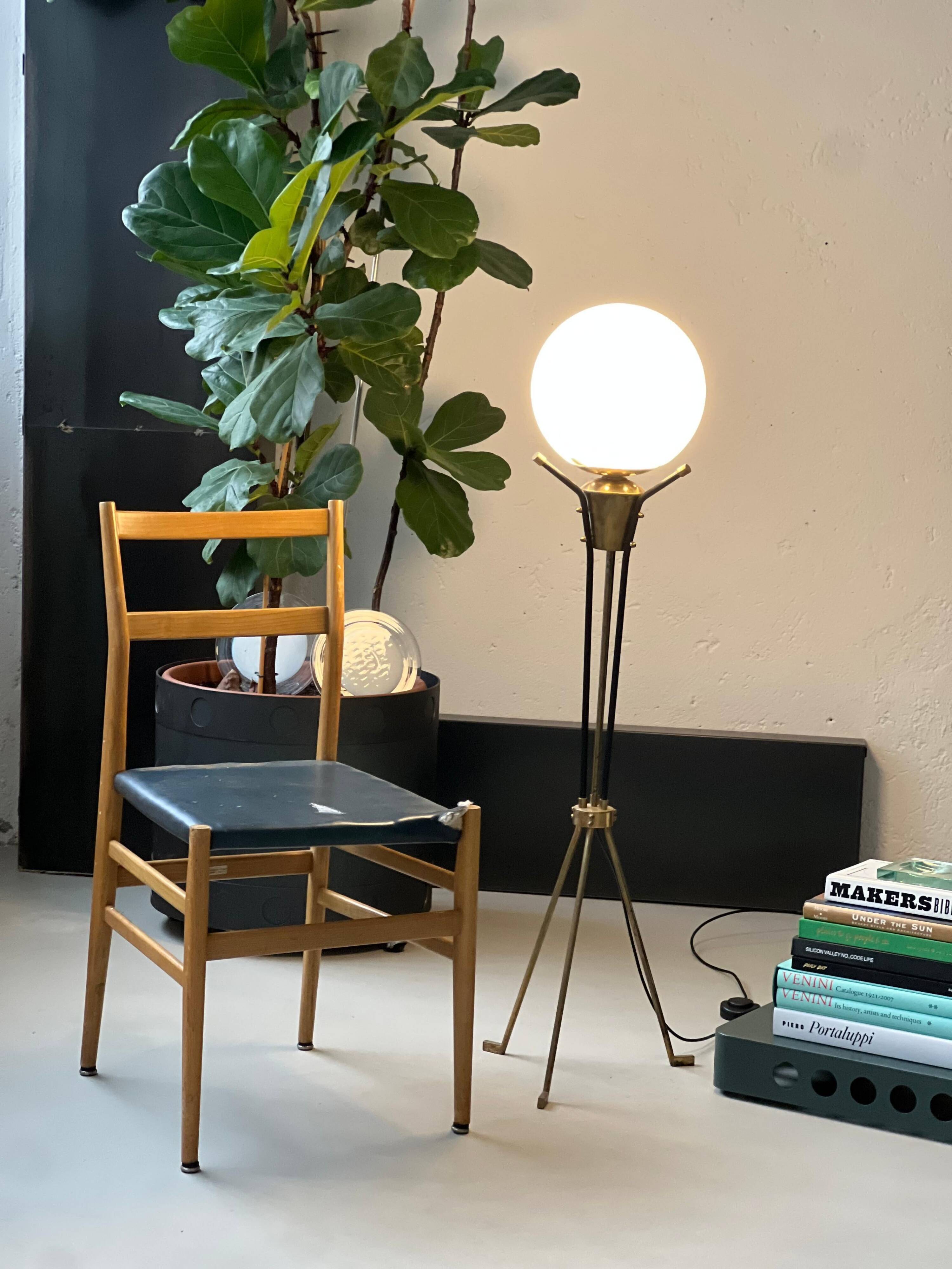 Vintage Italian Brass Floor Lamp in the style of Stilnovo, three legs, opaline
