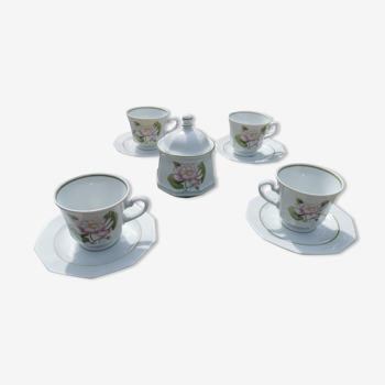 Set of 4 coffee cups, saucers, with its sugar bowl, Chaumette Paris, water lily model