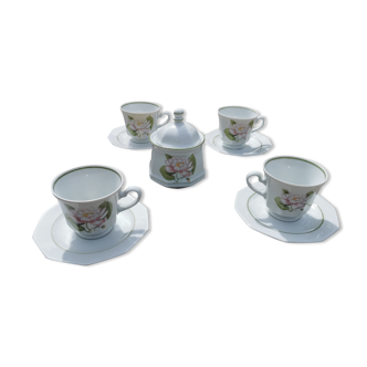 Set of 4 coffee cups, saucers, with its sugar bowl, Chaumette Paris, water lily model