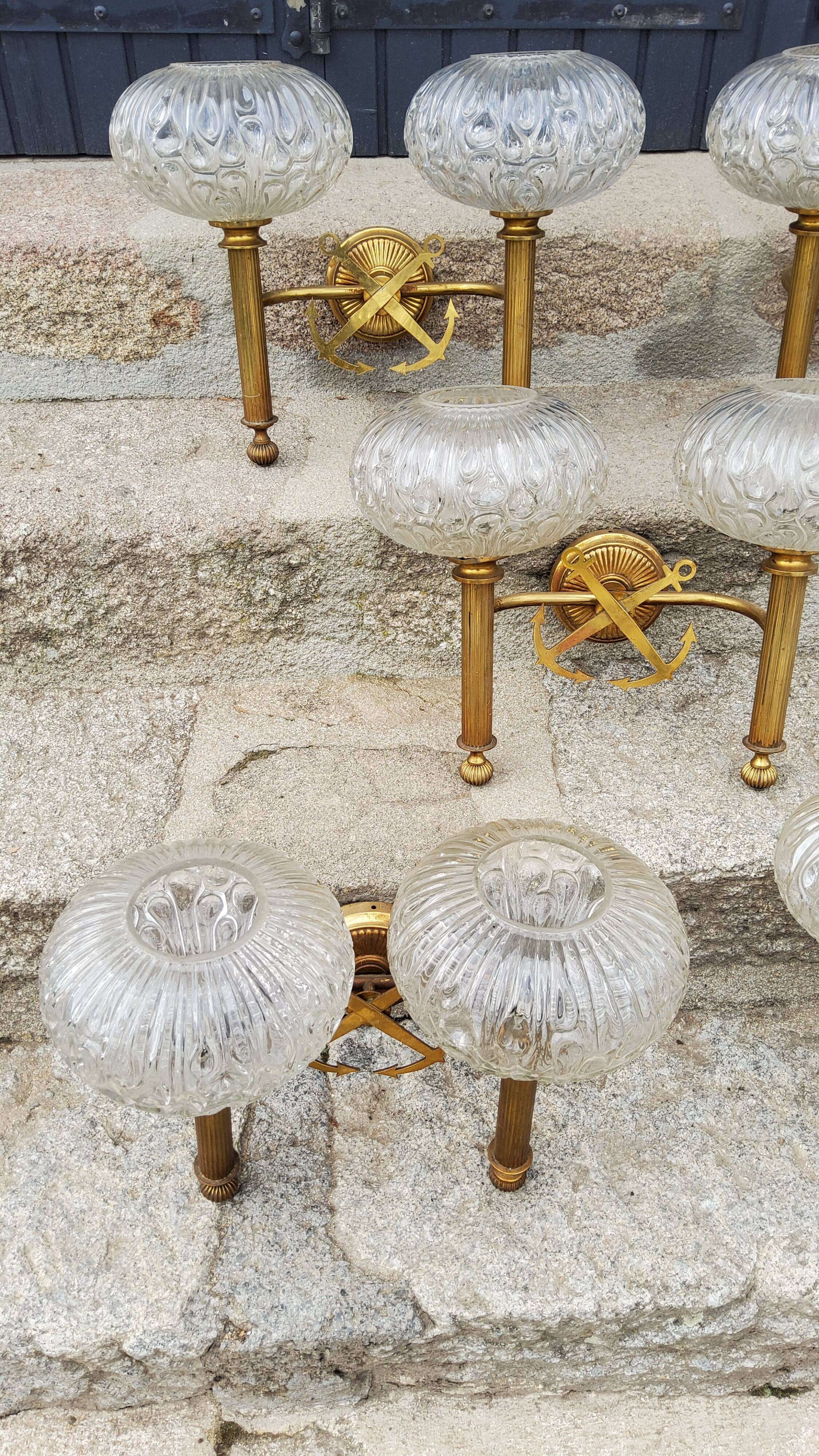 Set of 5 glass and brass sconces from the 70s