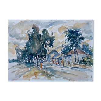 Painting "Animated village lined with trees" Original watercolor Indochinese school