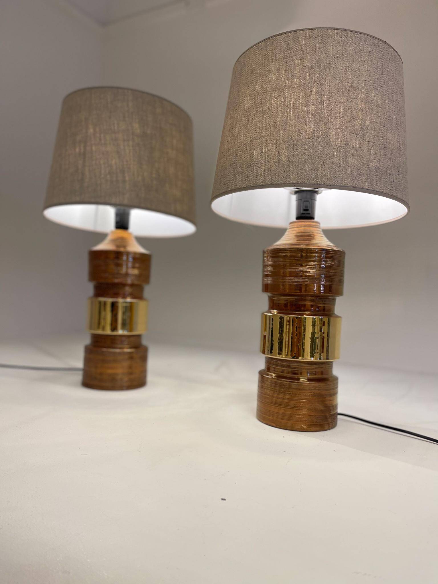 Pair of Bergboms Bitossi brass table lamps, large mid-century, 1960s, Sweden.