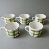 Lot de 5 tasses à café, décor torchon vert, années 70
