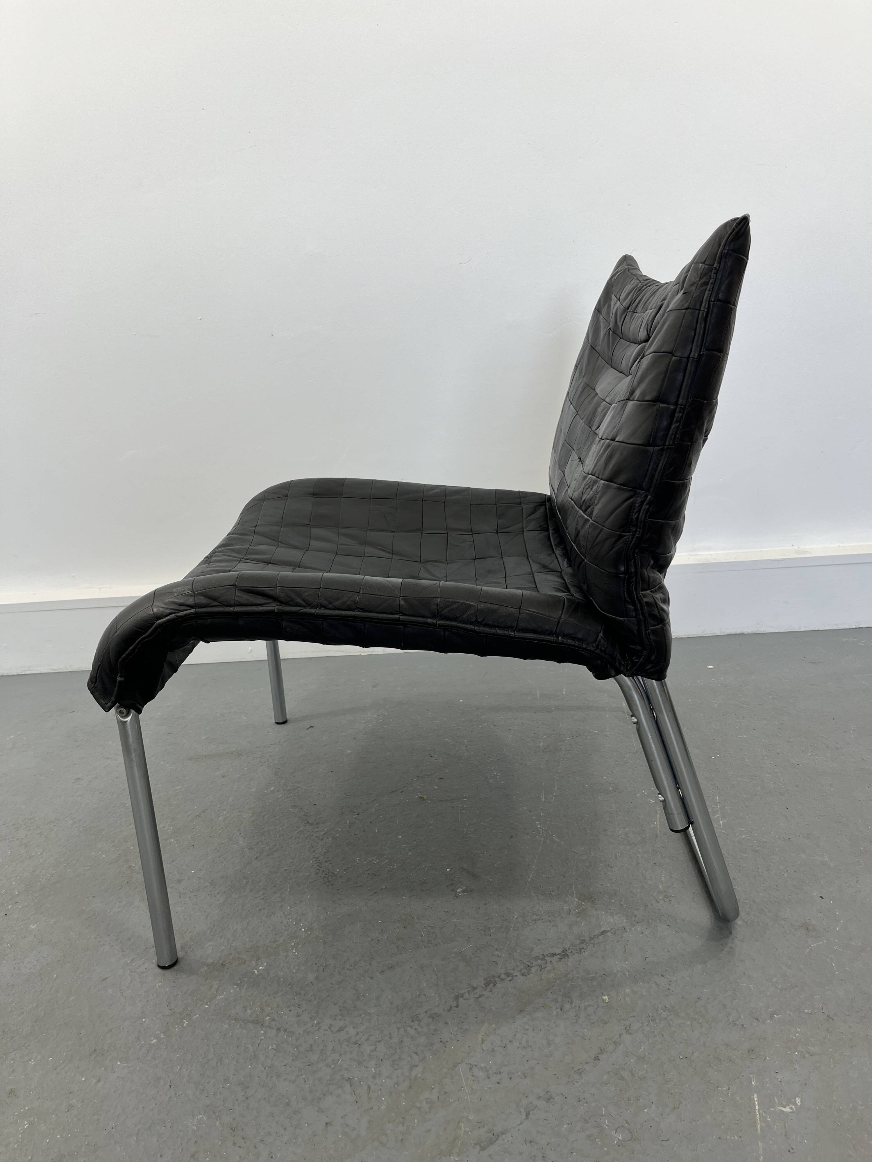 Vintage Mid-Century Scandinavian Modern Black Patchwork Leather Lounge Chair SET From IKEA, 1980s