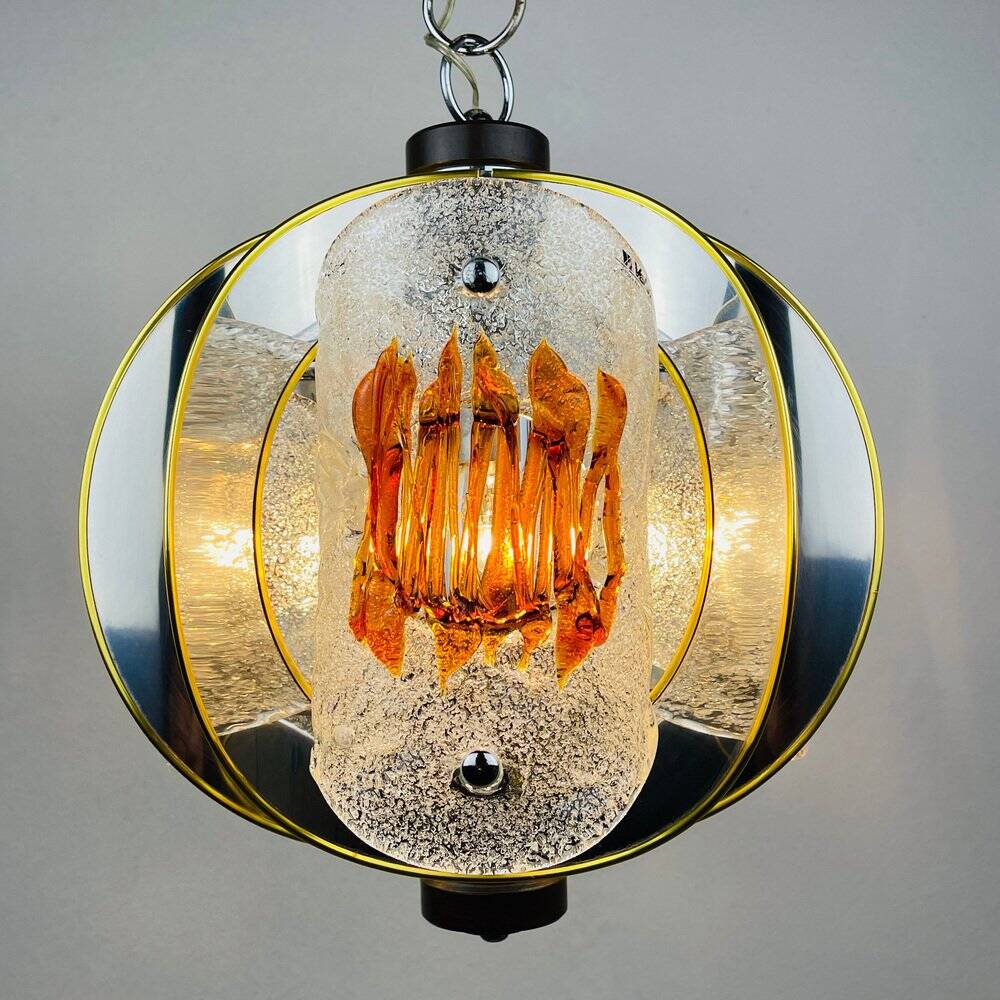 Amber mid-century chrome chandelier by Toni Zuccheri for Veart, Italy, 1970s.