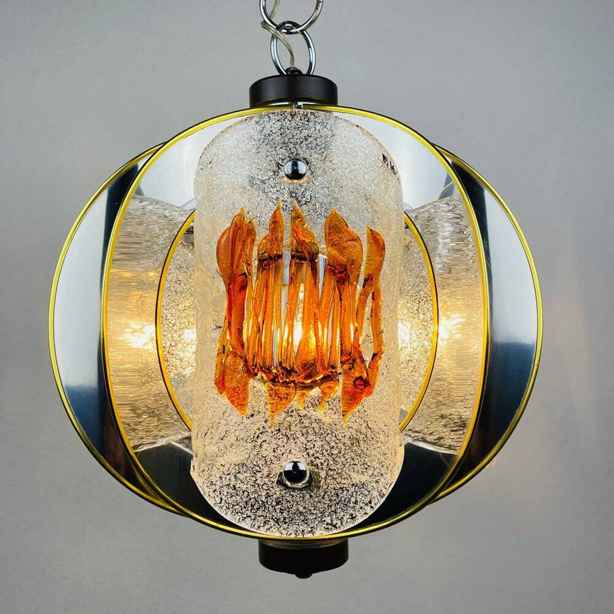 Amber mid-century chrome chandelier by Toni Zuccheri for Veart, Italy, 1970s.