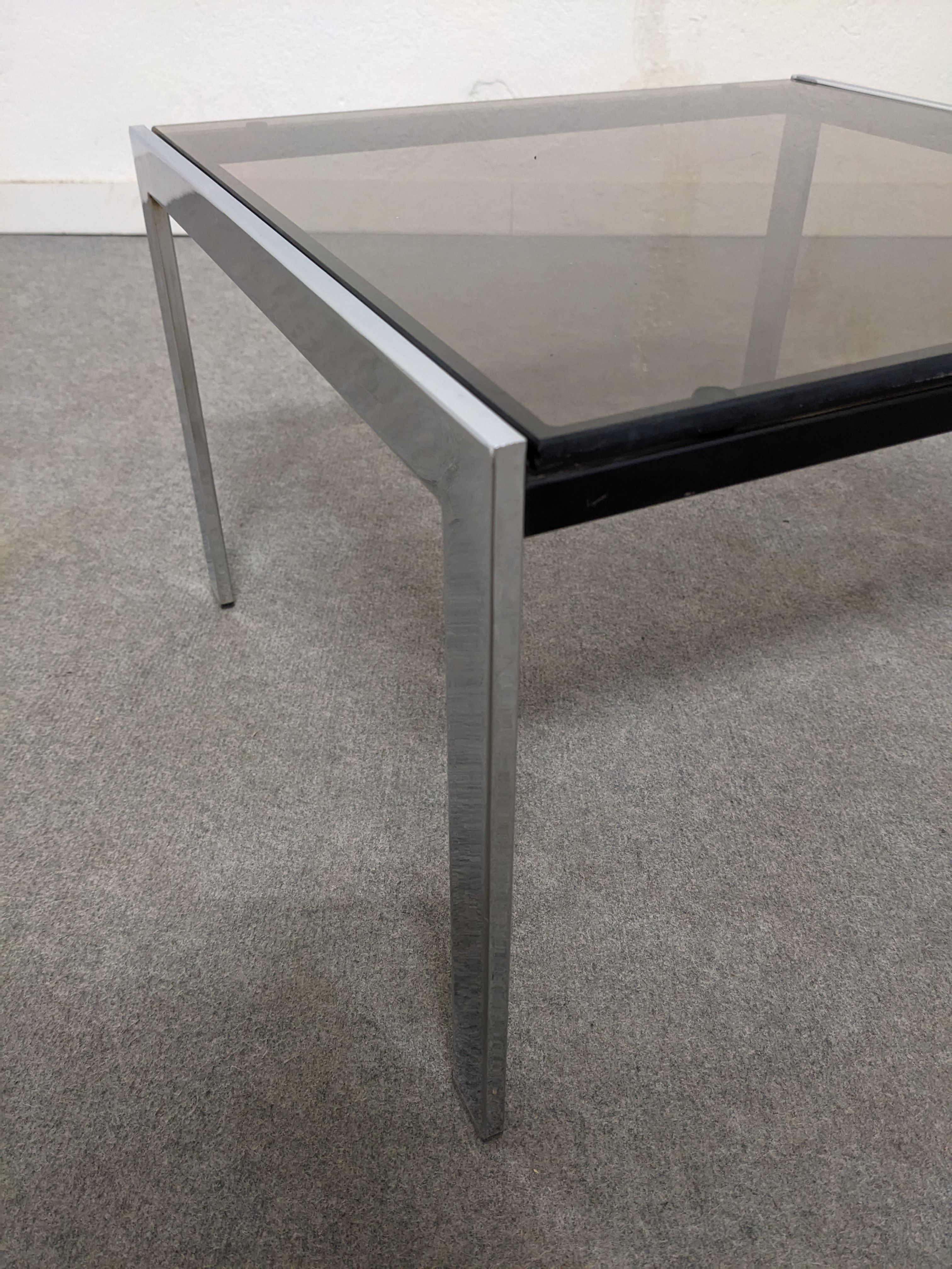 Bedside table or end of sofa in chromed metal and smoked glass from the 70s