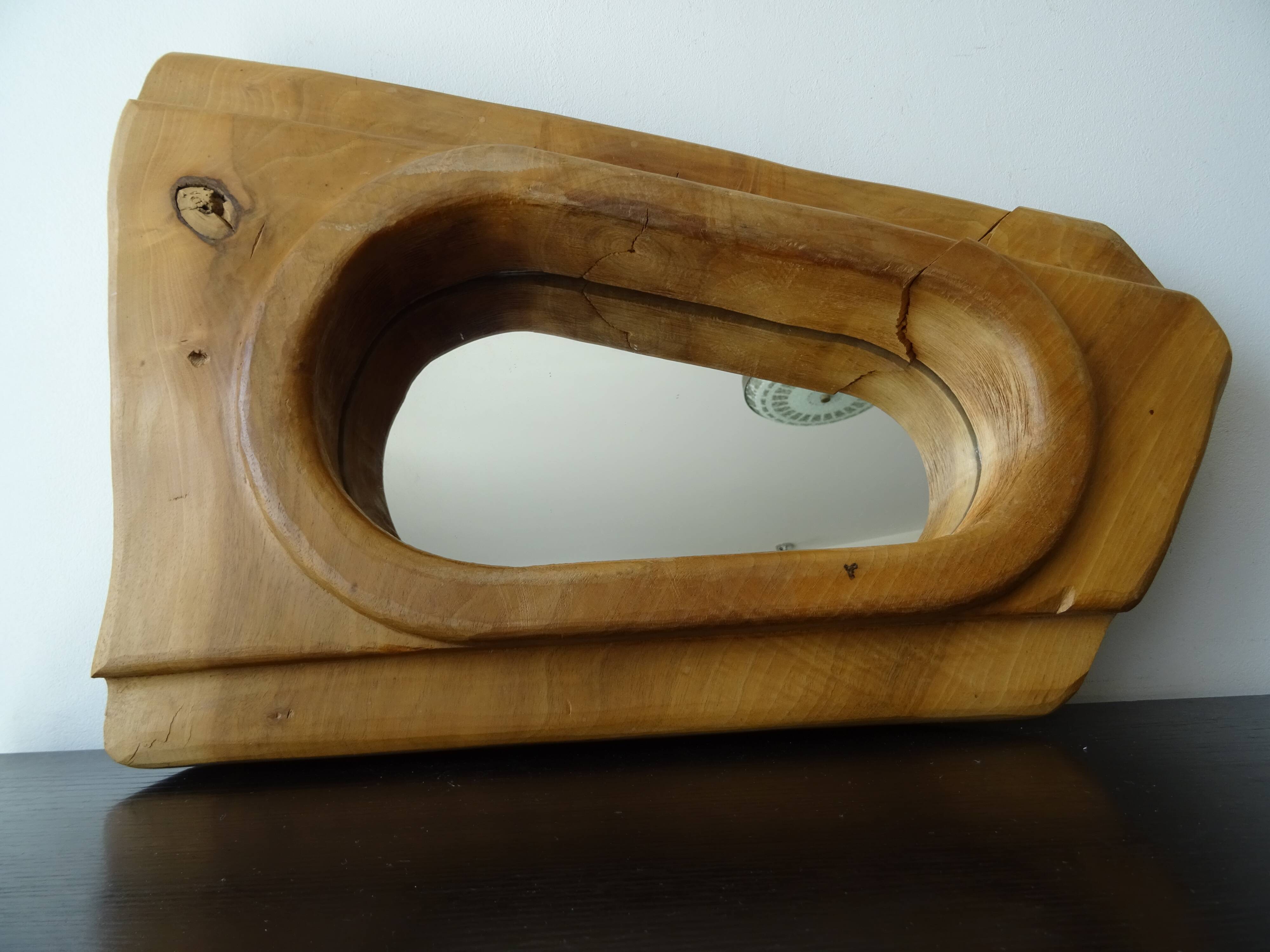 Brutalist free-form solid wood mirror from the 70s
