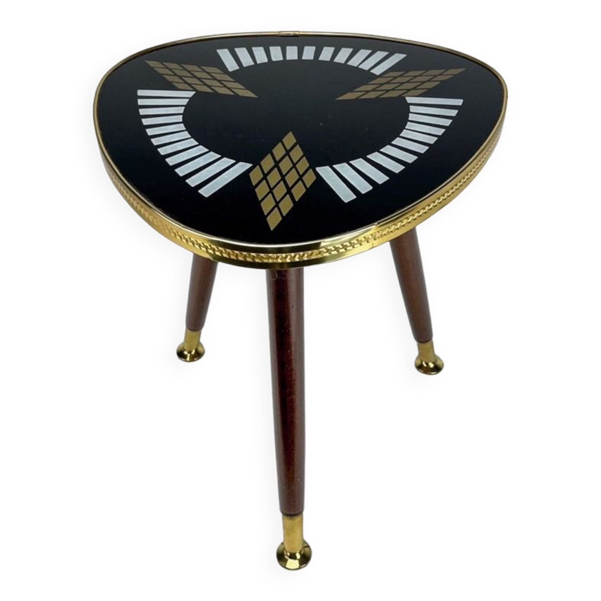 Pedestal table tripod glass wood and brass graphic patterns 50s