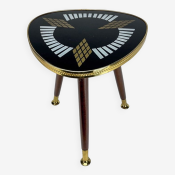 Pedestal table tripod glass wood and brass graphic patterns 50s