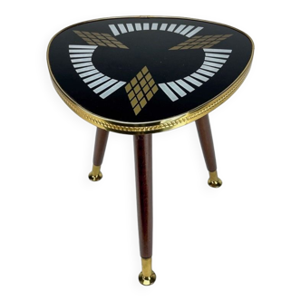 Guéridon tripode verre bois et laiton motifs graphiques années 50
