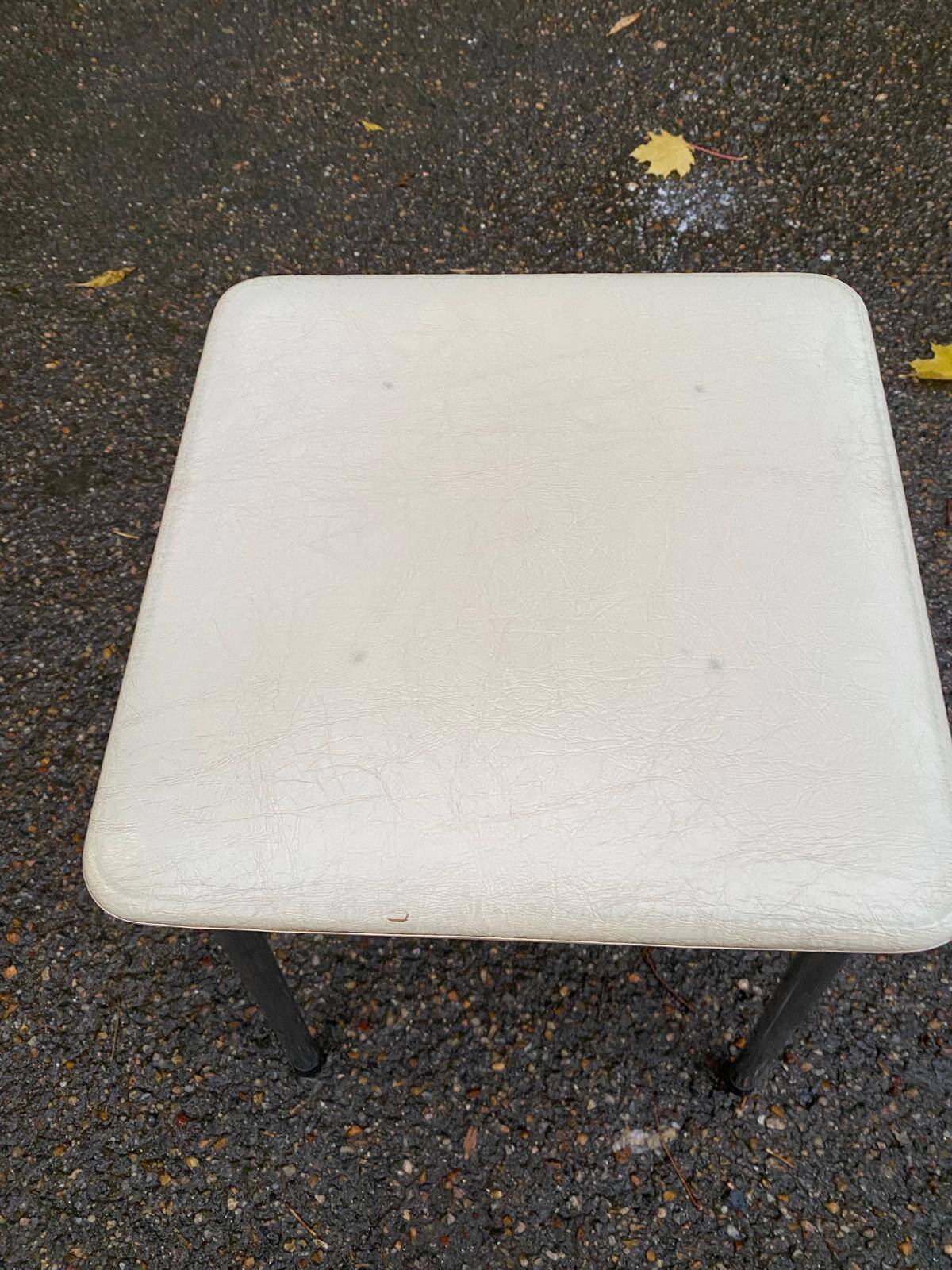Vintage square stool in steel and white leather