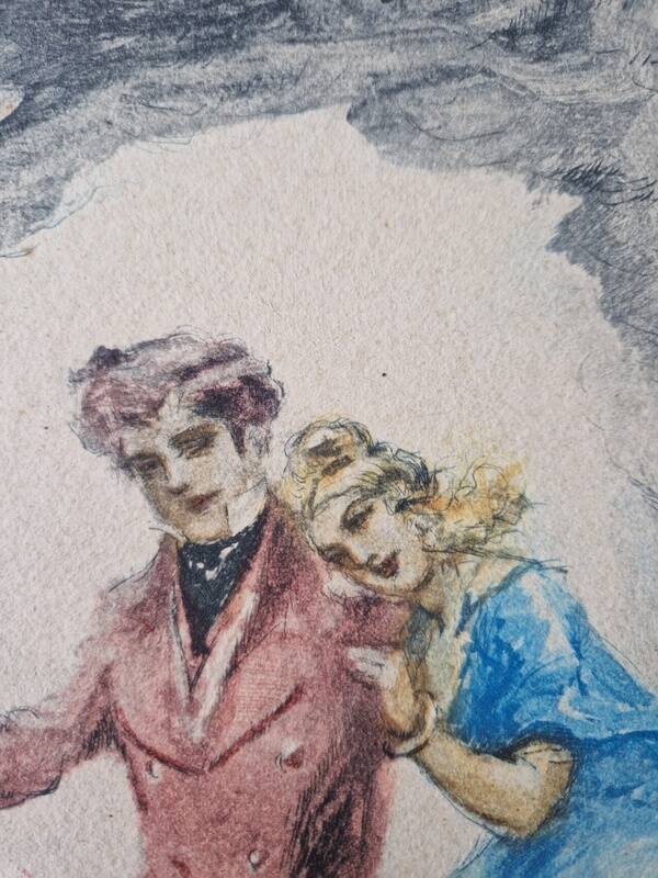 Georges Villa (1883-1965) - Colour lithograph - Gallant scene