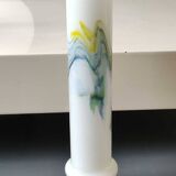 Tubular vase in white opaline, polychrome smoke volutes. Snowflake/Dalian Co. Ltd. High 29 cm