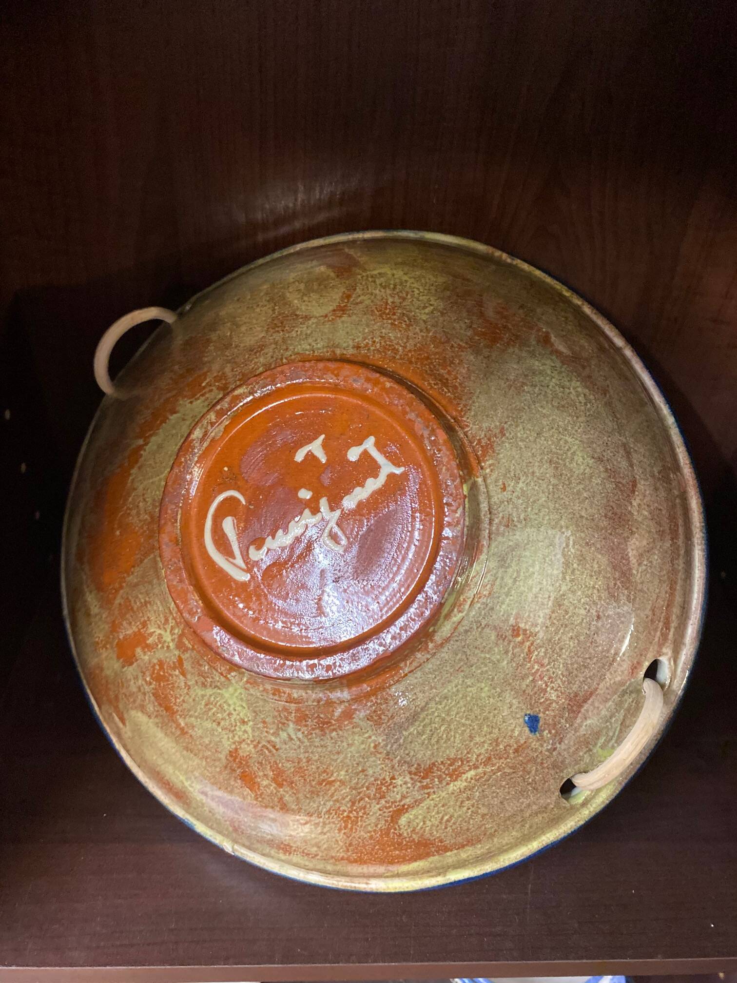 Fruit bowl signed puigdemont spanish ceramic fruit decor osie handle