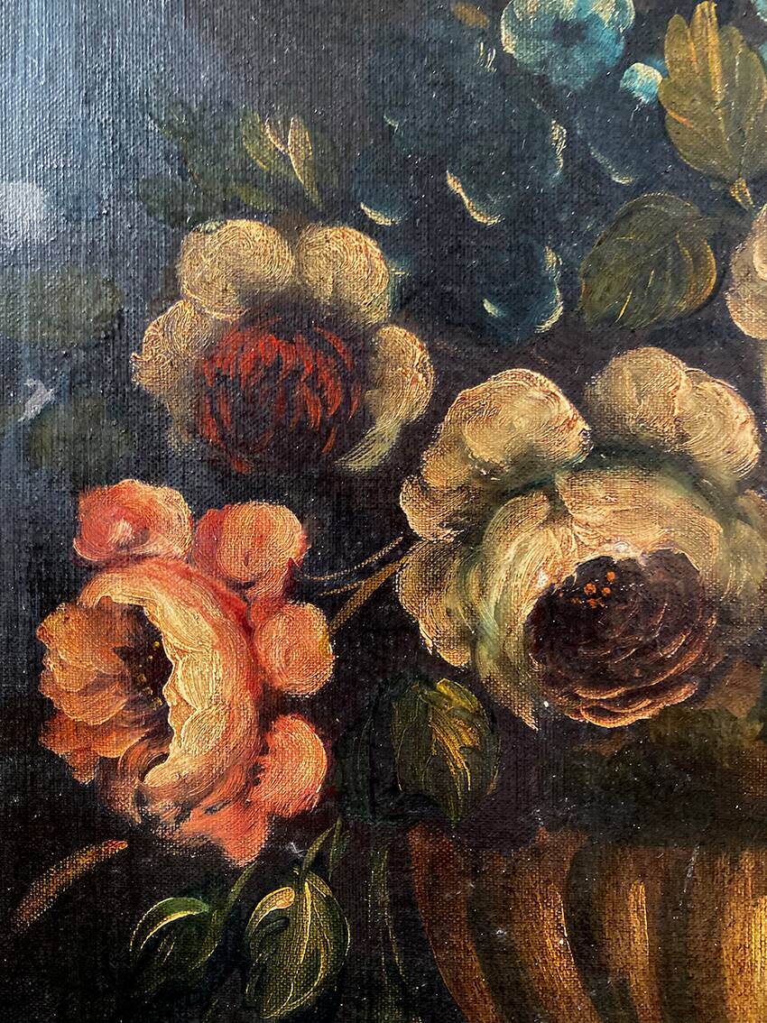 Dutch school 19th century, oil on canvas. “Bouquet of flowers on an entablature”.