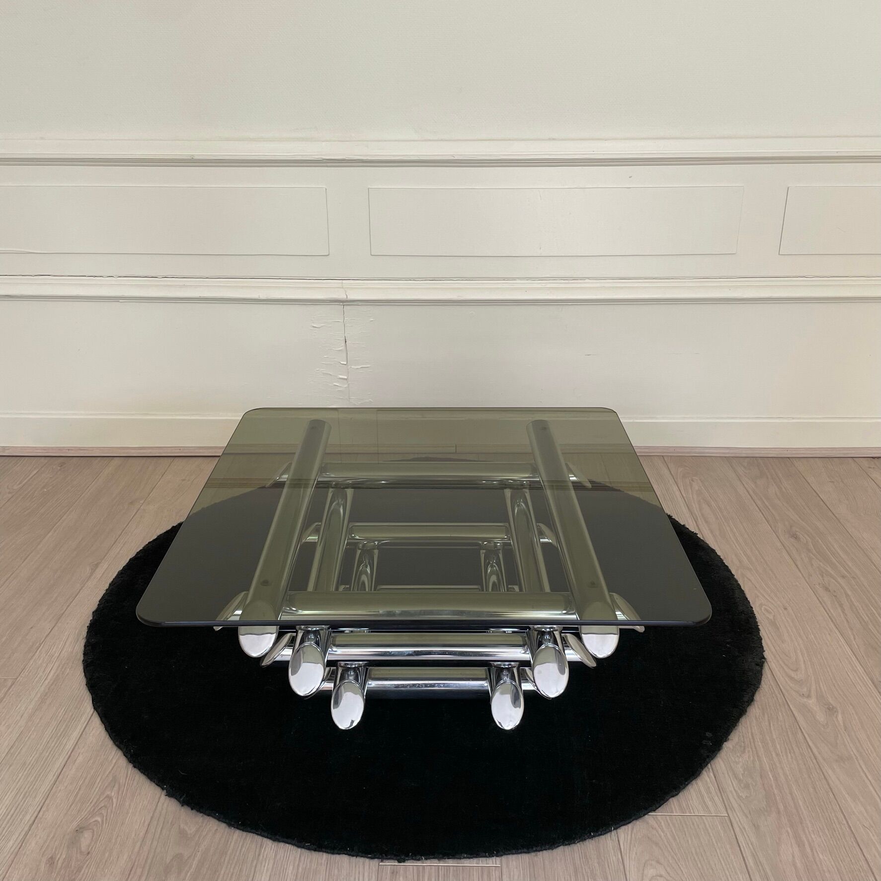 Tubular coffee table, glass and steel, Italy 1970