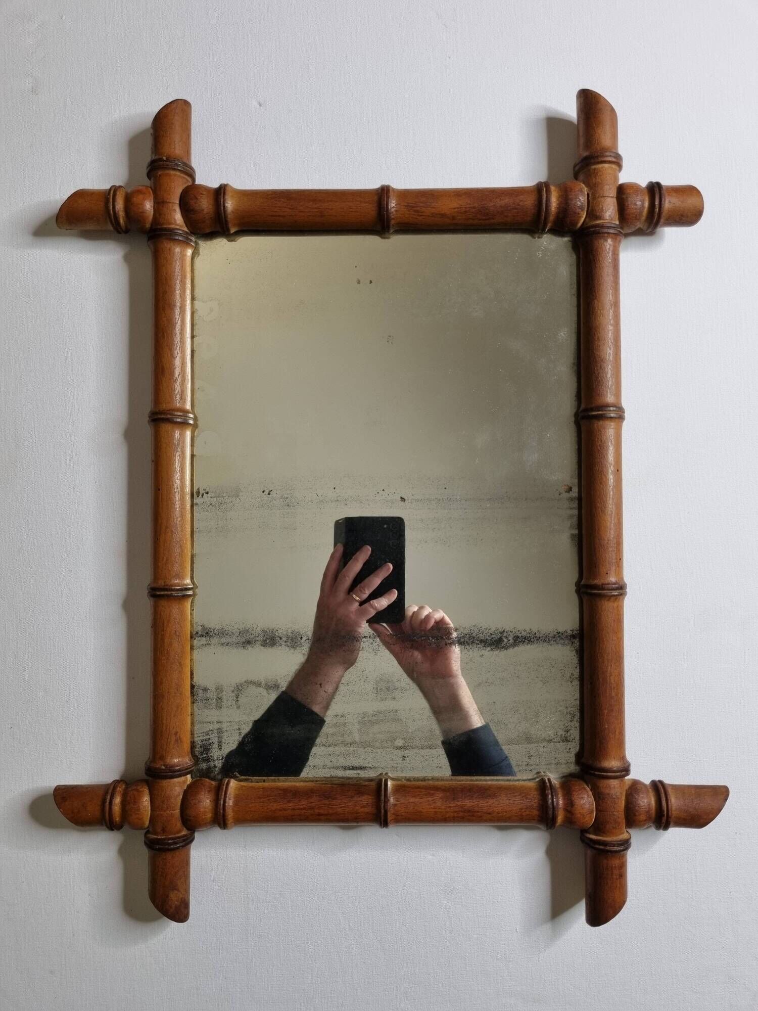 Turned wooden mirror in imitation of bamboo, mid-century, 47 cm x 59 cm