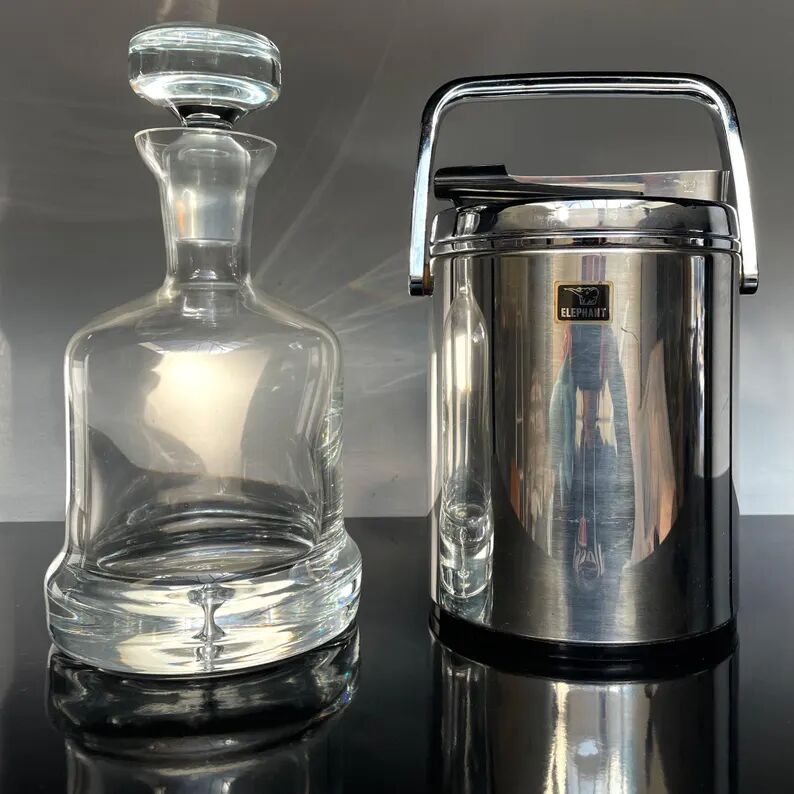 Vintage stainless steel ice bucket with lid and tongs - Made in Japan