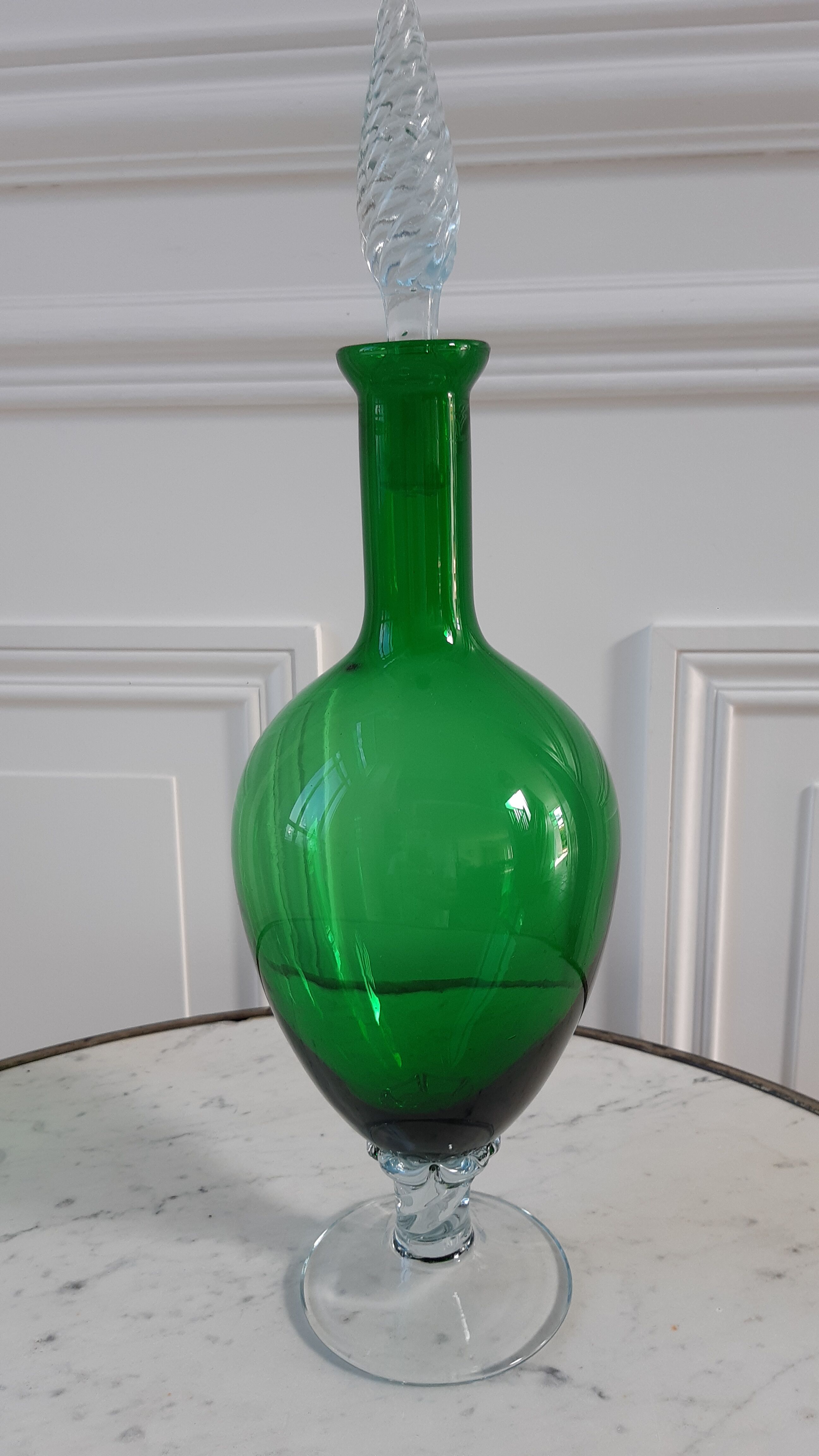 Duo of royal blue and green polished glass decanters 60s-70s