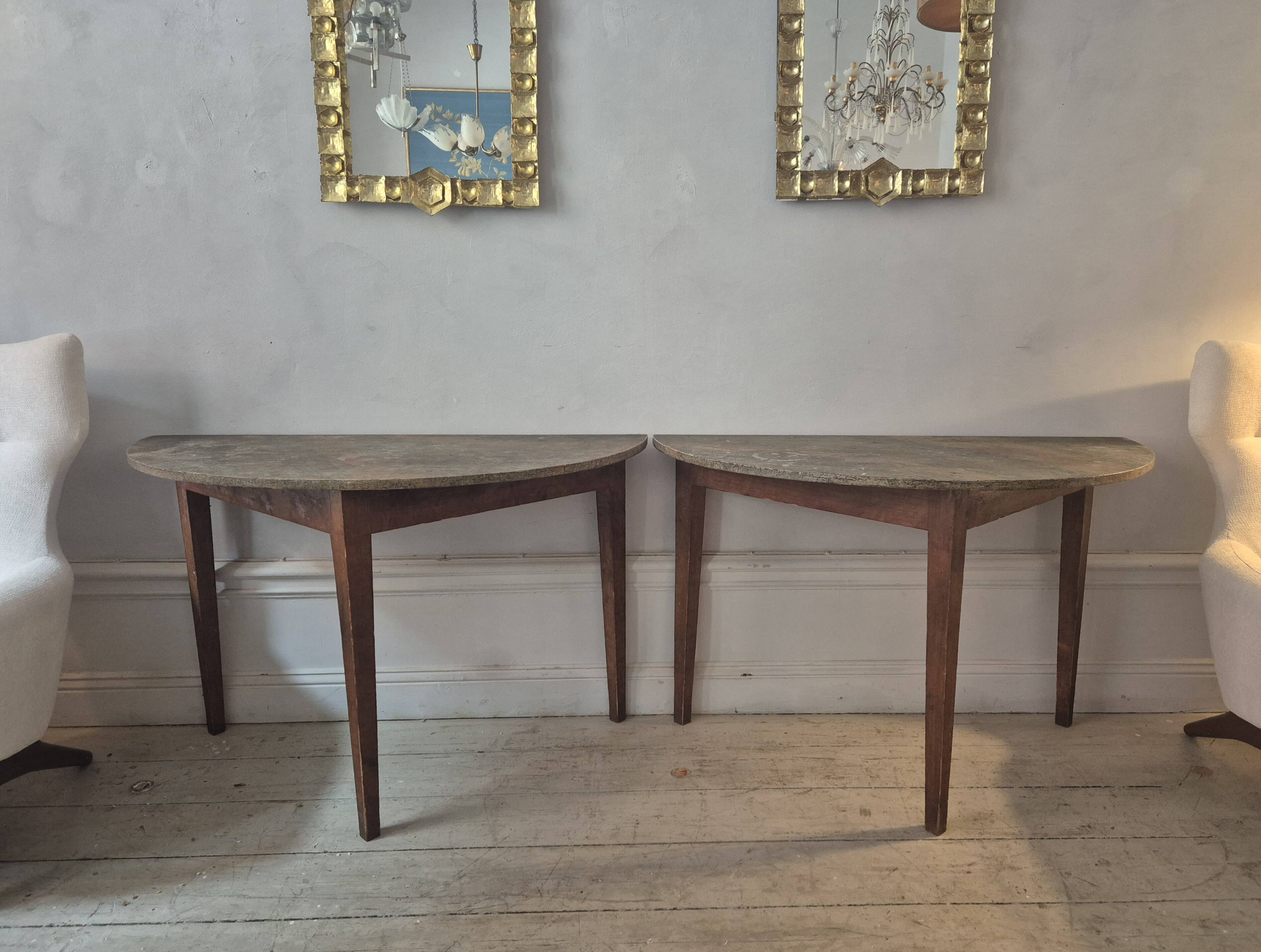 Half-moon tables with original marbled tops, Swedish provincial style Allmoge, 1860s