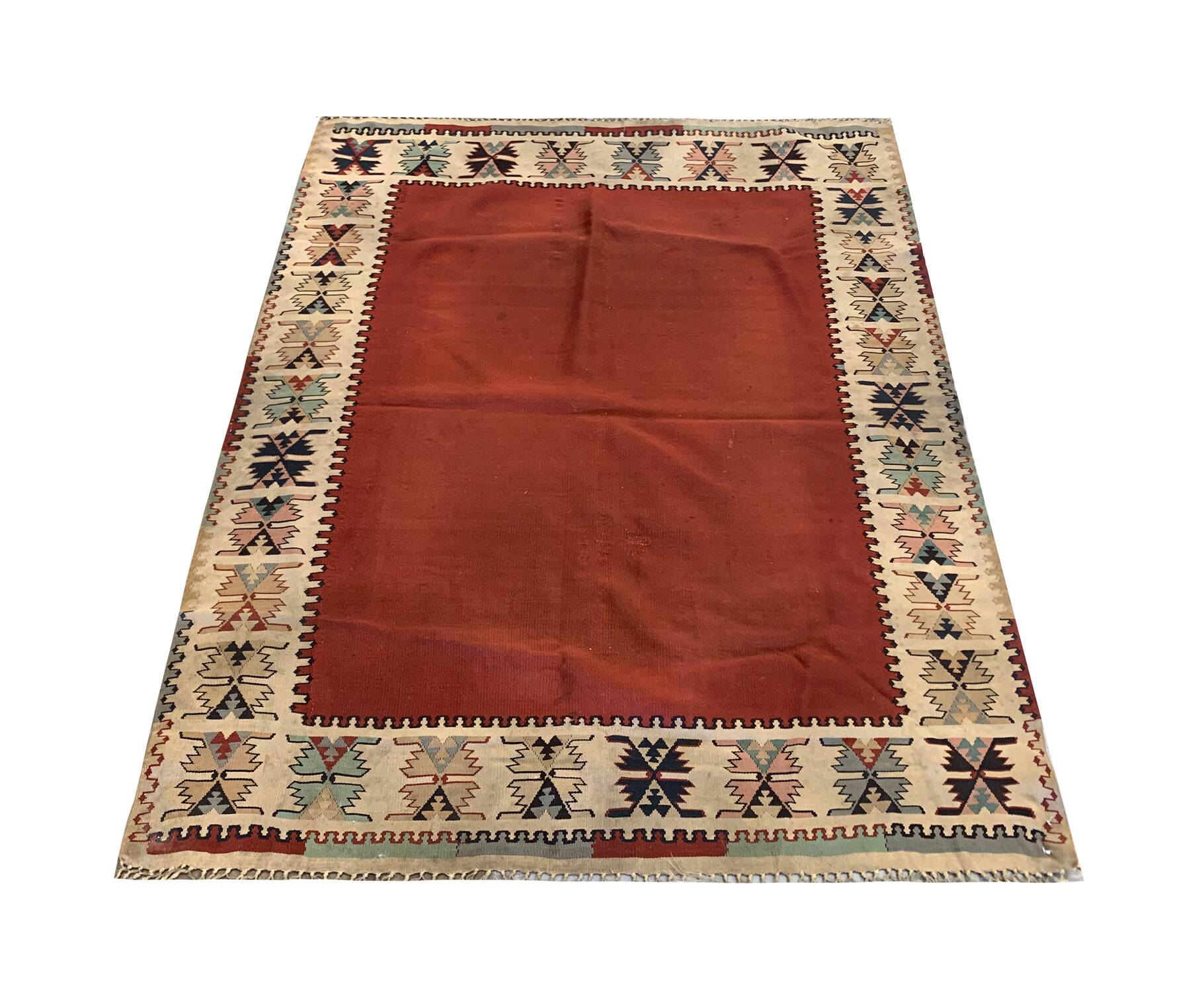 Antique 1900s Burgundy Kilim Rug, Square Wool Flatweave Carpet 143 x 161 cm