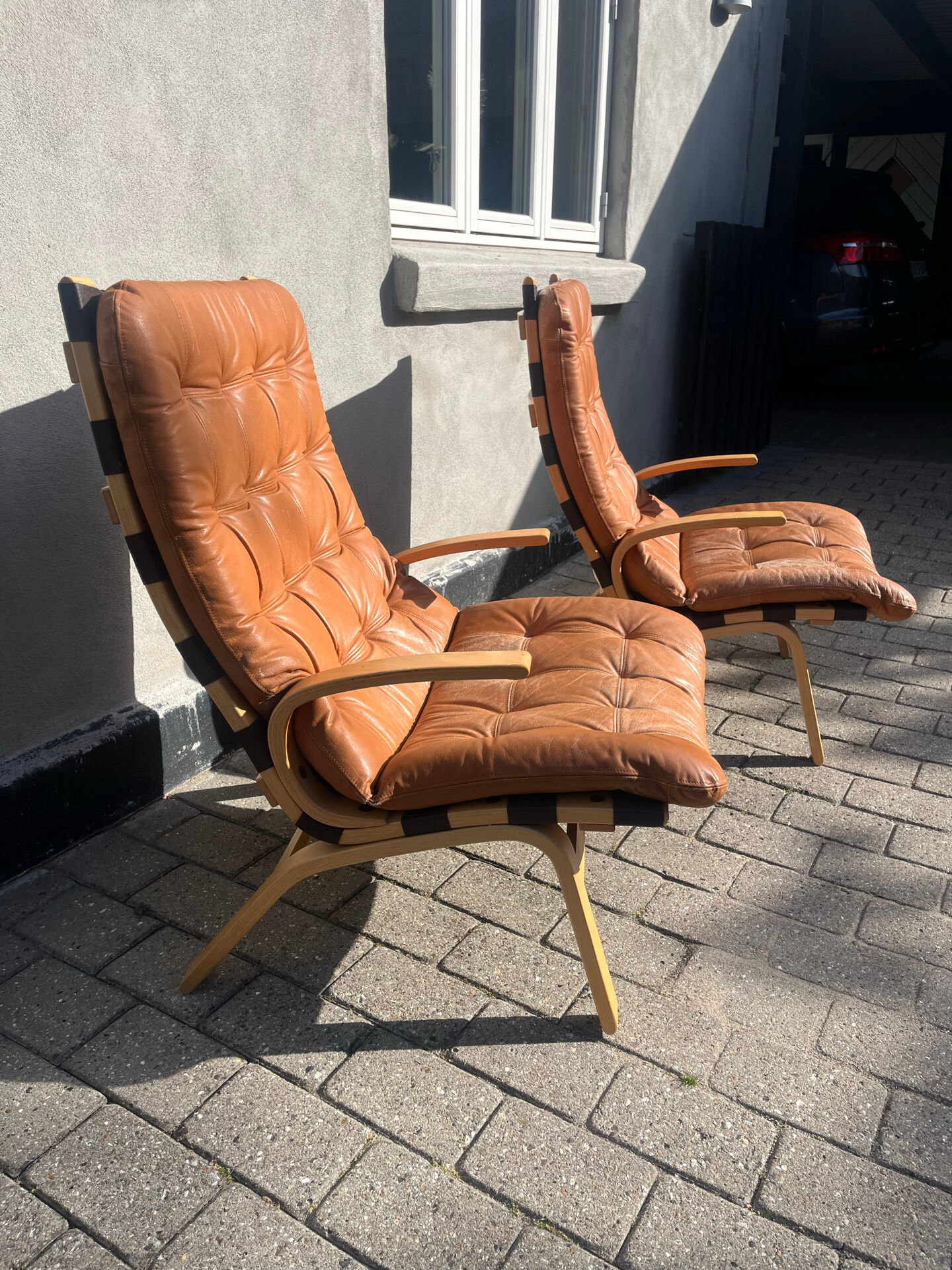 Rare 1970s Danish Modern 'Miljø' Easy Chairs in Cognac Aniline Leather