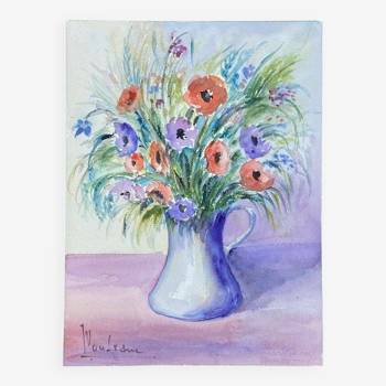 Nouredine watercolor signature to identify still life bouquet of flowers