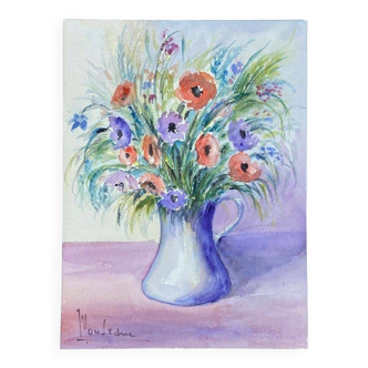 Aquarelle Nouredine signature à identifier nature morte bouquet de fleurs