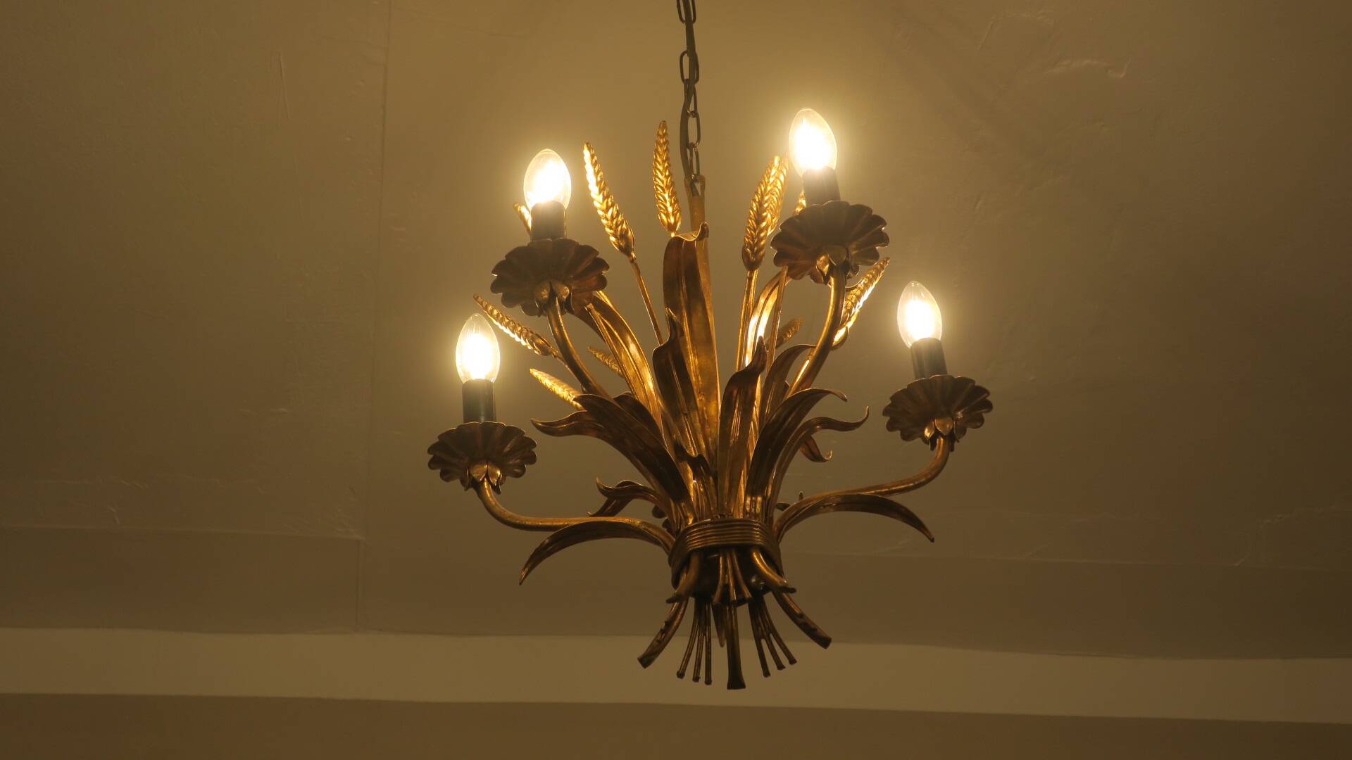 Gold plated tole wheatsheaf chandelier by Hans Kögl, 1960s