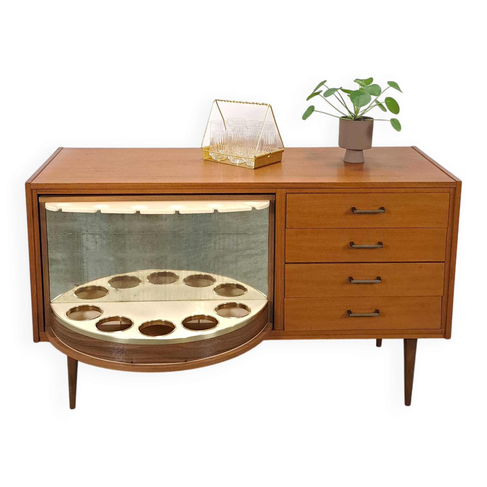 Fineer dressoir met draaibare bar en lades, barkast