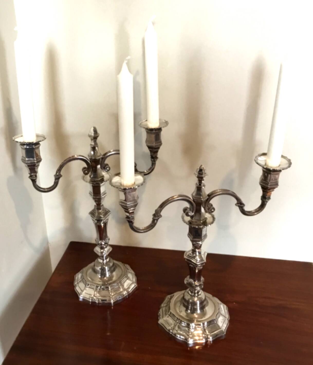 Pair of silver-plated metal candelabra in the Regency style