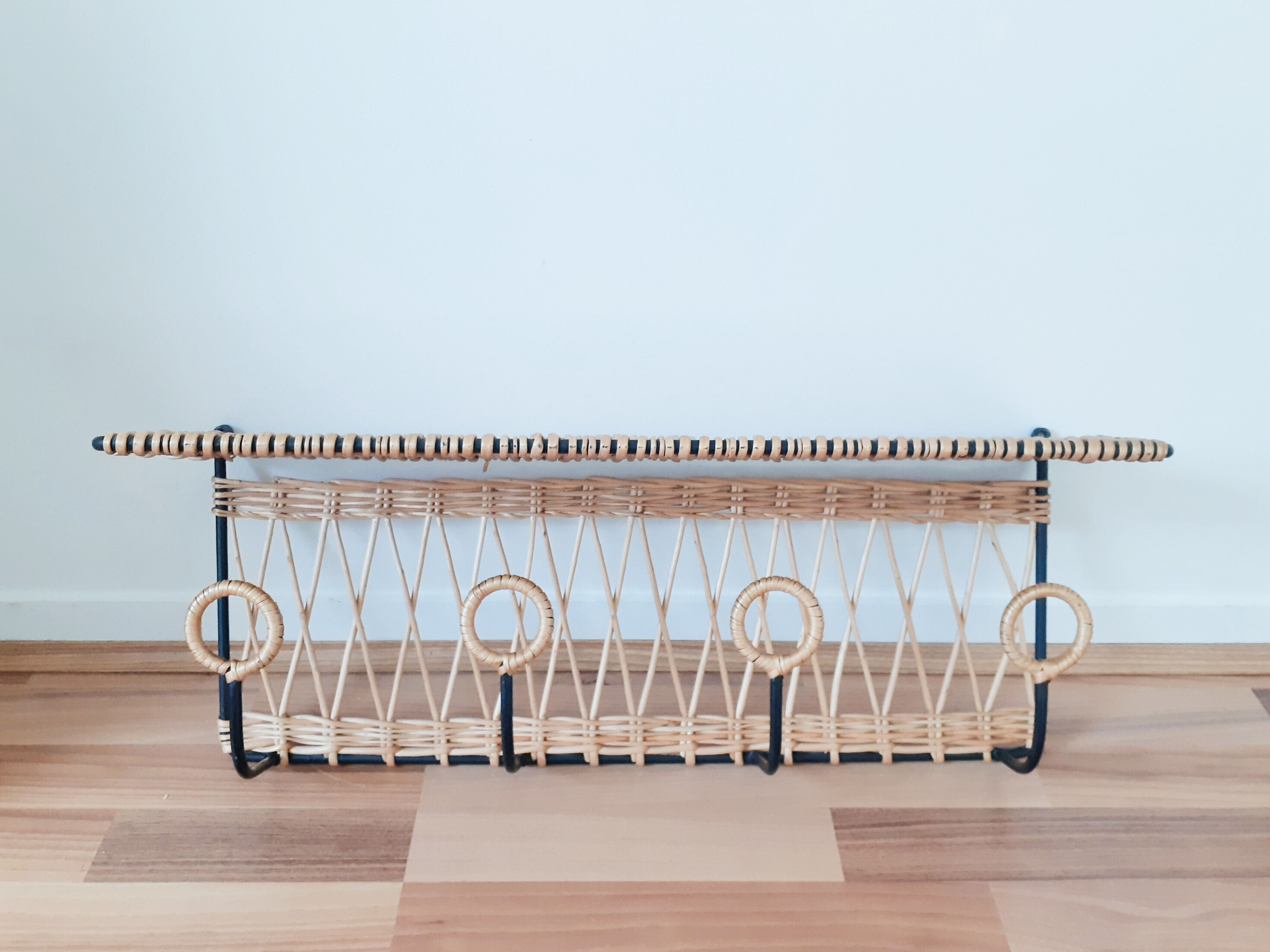 Rattan and metal shelf, coat racks, 50s