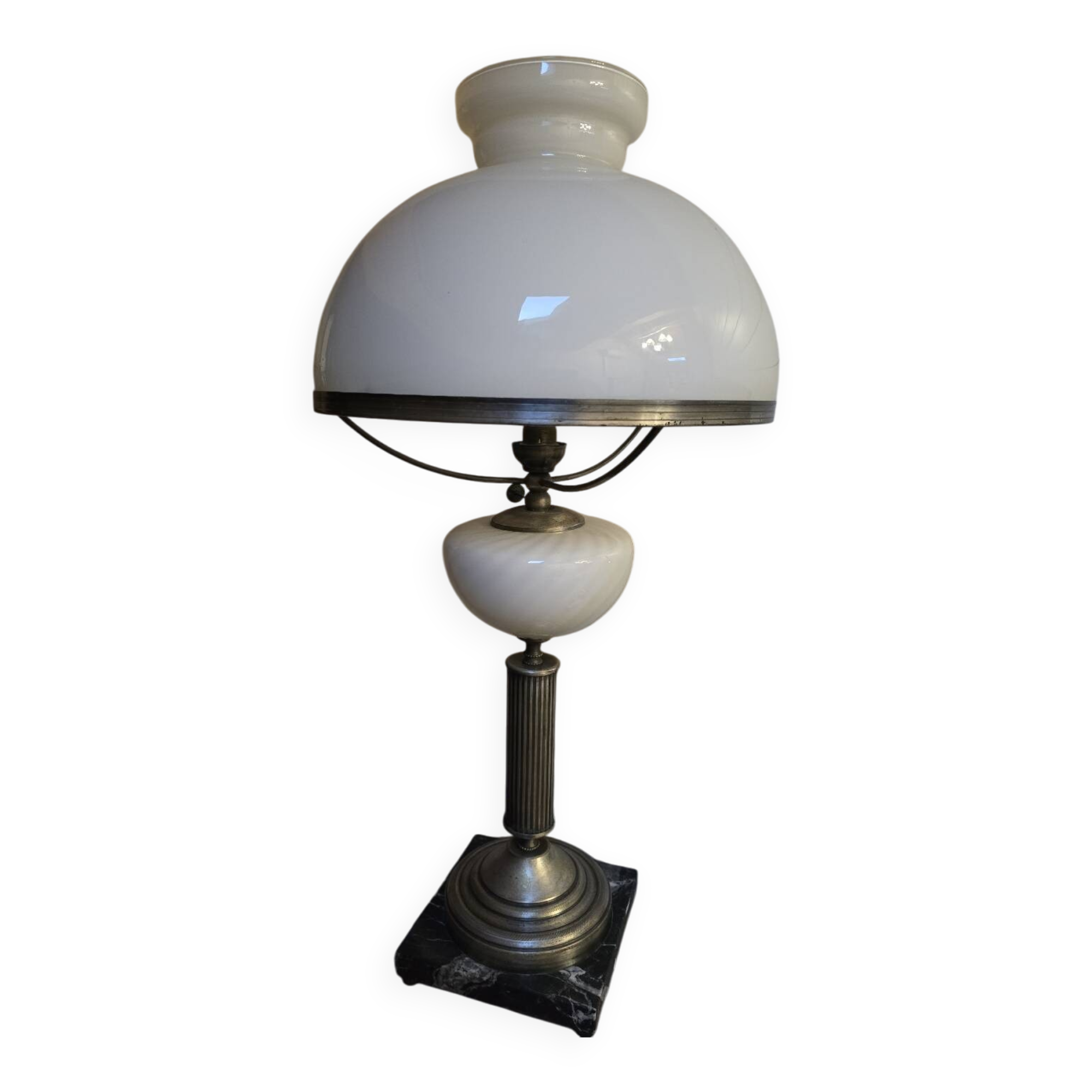 Notary lamp, white opaline, patinated metal and marble.