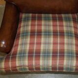 George Smith Signature Scroll leather canapé with tartan Scottish wool cushions.