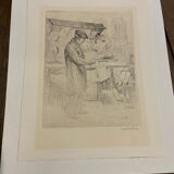 Etching, drawing, engraving, the bookseller, Henri le Riche, notre dame