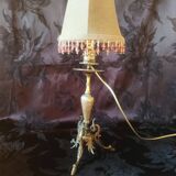 Electrified candlestick lamp, bronze tripod table lamp with goat's feet
