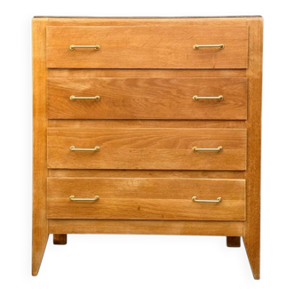 Vintage chest of drawers with tapered legs, solid raw oak, 1960.