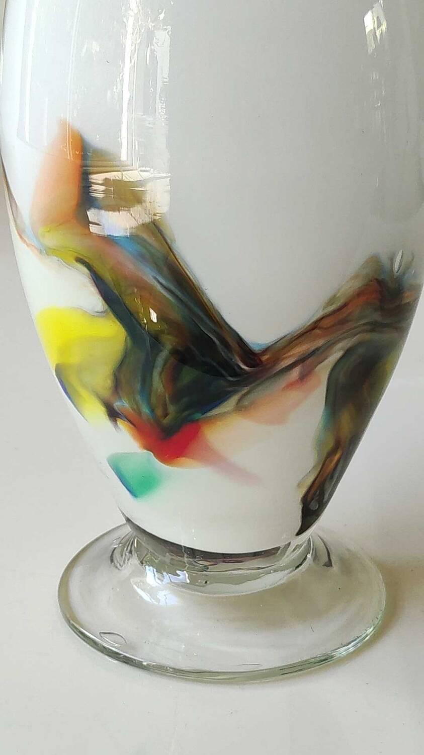 Flamed vase/volutes in white opaline/polychrome Art Glass. Murano style. High 23.5 cm